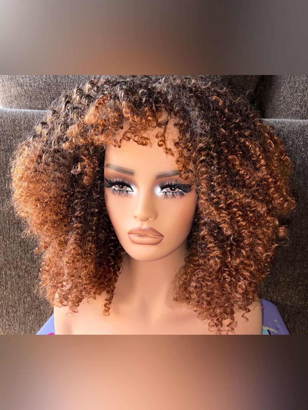 Curly Ombre Brown Curly Wig 16 inch - Medium Brown with Highlights, curly Afro